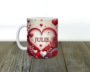 Personalized red and white hearts mug with faux 3D design. Custom ceramic coffee cup with hearts pattern. 